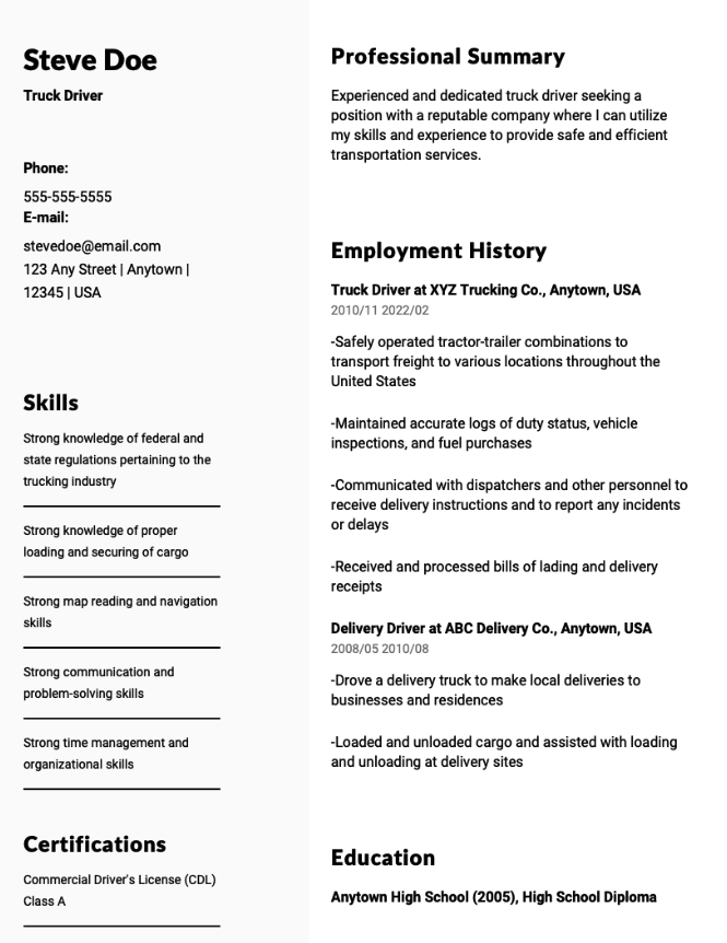 Truck Driver Resume Example